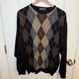 Vintage Brandini Sweater Mens Large Black Argyle  100% Merino Wool Pullover 90’s
